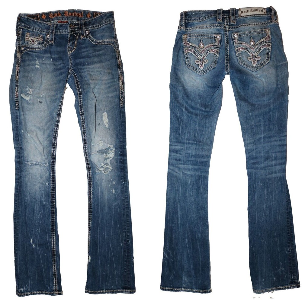 Rock Revival Jeans Klandi Bootcut SZ 24 Distressed Embellished Pocket
